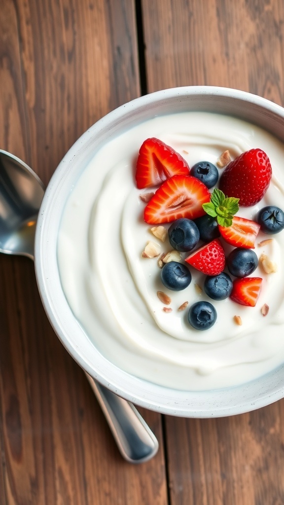 A bowl of homemade yogurt topped with berries and nuts on a wooden table.